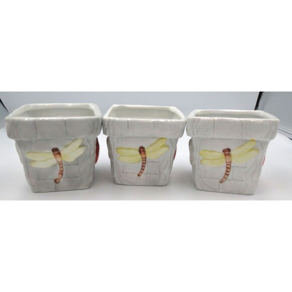 Long Rich Small Ceramic Planters Set of 3 Decorated w/ Garden Bugs - Picture 3 of 8
